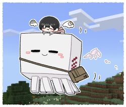  1boy :p bag black_hair blush border chibi chibi_only closed_eyes crow's_eye_view_(e.g.o) crystal_wings d_ecember12th flying ghast happy_ghast jacket jacket_on_shoulders limbus_company male_focus minecraft motion_lines outline project_moon short_hair shoulder_bag striped_clothes striped_jacket tongue tongue_out white_border white_outline wings 