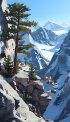  1girl absurdres beanie blue_archive blue_sky braid camcorder cellphone cliff cooler cyansapphire day falling halo hat highres landscape long_hair maki_(blue_archive) maki_(camp)_(blue_archive) midair mountain mountainous_horizon nature official_alternate_costume outdoors phone red_hair red_halo scenery sky smartphone snow tree tripod veritas_(blue_archive) video_camera 