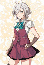  1girl ahoge alternate_hair_length alternate_hairstyle aqua_bow aqua_bowtie asashimo_(kancolle) asashimo_kai_ni_(kancolle) bow bowtie breasts clover_background dress grey_eyes grey_hair grey_thighhighs hair_over_one_eye highres kanmiya_shinobu kantai_collection long_hair purple_dress school_uniform shirt short_sleeves solo summer_uniform thigh-highs white_shirt 
