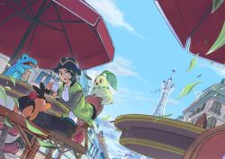  1boy black_hair black_hat black_pants chair chikorita clouds commentary_request cup day falling_leaves from_below green_jacket hat highres holding holding_cup jacket leaf lumiose_city male_focus open_clothes open_jacket open_mouth outdoors pants paxton_(pokemon) pokemon pokemon_(creature) pokemon_legends:_z-a shirt shoes short_hair sitting sky table tepig totodile ujima_tea white_shirt 