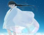  black_hair blue_eyes cape covering from_behind light_smile long_hair looking_back night night_sky nude nude_cover original silhouette sky solo star_(sky) starry_sky torazou 