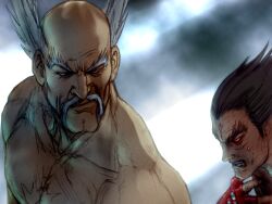  2boys balding black_hair defeat evil_smile facial_hair forked_eyebrows game_cg gloves glowing glowing_eye grey_facial_hair grey_hair heterochromia kawano_takuji light_rays looking_at_another male_focus mishima_heihachi mishima_kazuya multiple_boys mustache official_art old old_man red_eyes red_gloves scar scar_on_chest smile studded_gloves tekken tekken_4 thick_eyebrows topless_male v-shaped_eyebrows white_hair 