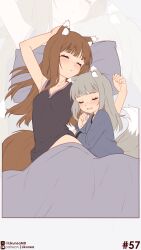  2girls absurdres age_difference animal_ears bed_sheet black_shirt blanket blush child closed_eyes grey_hair highres holo likunea long_hair lying mother_and_daughter multiple_girls myuri_(spice_and_wolf) on_back on_bed on_side patreon_username pillow shirt sleeping sleeveless sleeveless_shirt spice_and_wolf tail twitter_username unfinished wolf_and_parchment wolf_ears wolf_girl wolf_tail zoom_layer 