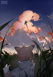  1girl absurdres ahoge animal_ears arknights backlighting brown_hair cloak clouds cloudy_sky cumulonimbus_cloud facing_away fox_ears fox_girl fox_tail from_behind grass highres hood hood_down hooded_cloak meiwei_de_jianbing outdoors paper_airplane pink_clouds projectile_trail purple_sky short_hair sky solo sussurro_(arknights) tail tall_grass upper_body white_cloak 