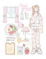  12jimae 1girl animal_slippers baby_animal bacon bird bread bread_slice bunny_slippers butter cherry_print chick chopsticks closed_eyes commentary cup curtains egg_(food) english_text food food_print fork fried_egg fruit fruit_print hair_ornament hair_scrunchie highres jar lamp long_hair long_sleeves milk_carton mug nail_polish off_shoulder one_side_up open_mouth orange_hair original pajamas plate scrunchie shirt sleeveless sleeveless_shirt slippers solo spaghetti_strap strawberry symbol-only_commentary toast toothbrush toothpaste very_long_hair watermark window yawning 