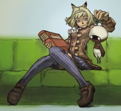  1girl 1other animal_ears blonde_hair blue_eyes blue_skirt book brown_jacket brown_shoes cat_ears cat_girl colored_skin couch final_fantasy final_fantasy_xi highres holding holding_book jacket leaf leaf_on_head mandragora_(final_fantasy) mithra_(ff11) mozuku_(igara) on_couch pleated_skirt scholar_(final_fantasy) shoes short_hair sitting skirt smile thigh-highs white_eyes white_skin 