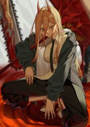  1boy 1girl 1other after_battle black_pants blonde_hair blood blood_on_hands blood_on_weapon chainsaw chainsaw_man collared_shirt denji_(chainsaw_man) fingernails hair_behind_ear hair_between_eyes hair_intakes hammer hand_on_floor highres hinamaru horns jacket jacket_on_shoulders long_hair multicolored_hair nail_polish necktie open_clothes open_jacket out_of_frame pants pool_of_blood power_(chainsaw_man) red_horns sharp_fingernails sharp_teeth shirt shoes smile sneakers squatting teeth tsurime wading weapon white_shirt 