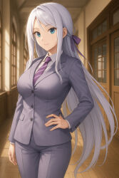 1girl breasts green_eyes grey_hair grey_jacket high_school_dxd large_breasts long_hair purple_necktie rossweisse suit violet_eyes white_shirt