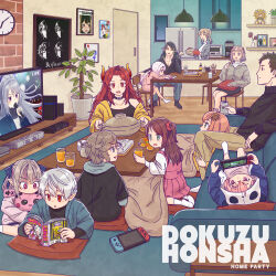  4boys 6+girls aged_down akabane_youko alternate_costume analog_clock animal_hood bangs_pinned_back banksy beer_can black_collar black_hair black_shirt black_skirt black_socks black_sweater blonde_hair blue_pants blue_ribbon brown_hair brown_jacket brown_pants can chair child clock collar commentary_request cooking_pot couch crayon cup cushion dokuzuhonsha dola_(4th_costume)_(nijisanji) dola_(nijisanji) dragon_horns drawing_(action) dress drink_can drinking_glass eating elu_(nijisanji) family fang flower food fuwa_minato game_console gradient_hair green_eyes green_hair grey_eyes grey_hair grey_jacket group_name hair_flower hair_ornament hair_ribbon hanabatake_chaika handheld_game_console hanging_light highres higuchi_kaede higuchi_kaede_(10th_costume) holding holding_can holding_cooking_pot holding_crayon holding_cup holding_cushion holding_food holding_handheld_game_console holding_magazine honma_himawari hood horns hyakumantenbara_salome hyakumantenbara_salome_(1st_costume) indoors jacket juice kagami_hayato kaida_haru kanae_(nijisanji) kenmochi_touya kitchen kneeling kotatsu kuzuha_(nijisanji) living_room long_hair long_sleeves looking_at_another lying magazine_(object) makaino_ririmu multicolored_hair multiple_boys multiple_girls nabe nijisanji nintendo_64 nintendo_switch on_back on_chair on_couch open_mouth orange_hair orange_horns orange_juice panda_hood pants parody parody_request photo_(object) picture_frame pinafore_dress pink_dress pink_flower pink_hair pink_jacket plant playstation_1 playstation_4 pointy_ears ponytail poster_(object) poster_parody potted_plant pouring reading red_eyes red_hair red_ribbon ribbon rof-mao rug sasaki_saku sean_uc8 shelf shiina_yuika shirt short_hair sister_claire skirt sleeveless sleeveless_dress smile socks streaked_hair stuffed_toy sunflower sunflower_hair_ornament sweater table television the_shining tsukino_mito turtleneck turtleneck_sweater two-tone_hair under_kotatsu under_table virtual_youtuber watching_television white_socks wooden_chair wooden_table yashiro_kizuku yellow_eyes yellow_jacket 