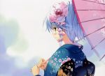  blue_hair blush flower green_eyes hair_flower hair_ornament highres japanese_clothes kimono oriental_umbrella parasol ueda_ryou umbrella 