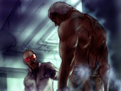  2boys bald black_gloves black_undershirt bryan_fury dr.abel_(tekken) from_behind game_cg glasses gloves kawano_takuji lab_coat male_focus multiple_boys muscular muscular_male official_art old old_man open_mouth scientist short_hair snake_print steaming_body surprised tekken tekken_4 topless_male white_hair zipper 