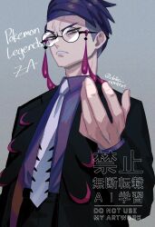  1boy angry black_pants black_suit collared_shirt corbeau_(pokemon) delta_nonbiri eyewear_strap glasses grey_background highres male_focus necktie open_mouth pants pokemon pokemon_legends:_z-a purple_hair purple_suit round_eyewear shirt suit white_necktie yellow_eyes 