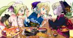  andou_syuuki angry bad_id blonde_hair blue_eyes chopsticks eating fate/stay_night fate/unlimited_codes fate_(series) feeding food green_eyes hair_ornament japanese_clothes kimono multiple_girls multiple_persona open_mouth ponytail saber saber_alter saber_lily yellow_eyes 