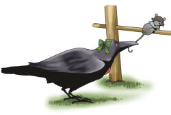  animal_focus animalization bird bow commentary_request crow fence full_body green_bow mouse_(animal) nazrin nazrin_(mouse) no_humans onikobe_rin reiuji_utsuho reiuji_utsuho_(bird) short_hair touhou white_background 