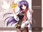  ahoge breasts coat highres kobayakawa_madoka leaf long_hair natsumegu purple_hair sasai_saji scarf sweater very_long_hair 