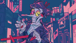  1boy artist_name bendy_straw black_hair black_jacket building cd circle_facial_mark colored_skin deltarune doll_joints drinking_straw eyes_visible_through_eyewear hands_up heterochromatic_eyewear highres jacket joints key long_nose male_focus pointy_nose protected_link roboticreborn round_eyewear smile solo spamton_g._spamton sweater sword teeth thorn_ring_(deltarune) tinted_eyewear turtleneck turtleneck_sweater upper_body weapon white_skin white_sweater 