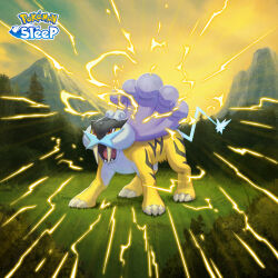  animal_focus commentary_request copyright_logo copyright_name electricity fangs full_body grass highres mountain no_humans official_art open_mouth outdoors pokemon pokemon_(creature) pokemon_focus pokemon_sleep raikou red_eyes second-party_source snorlax solo tree 