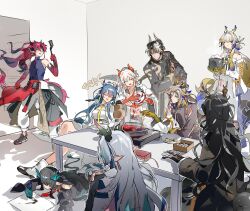  4girls 5boys arknights bare_shoulders black_hair blue_hair boots brother_and_sister character_request chongyue_(arknights) closed_eyes colored_skin dragon_girl dragon_horns dragon_tail dusk_(arknights) gourd grape_(grapedraws) grey_hair hashtag-only_commentary highres holding holding_gourd horns ji_(arknights) ling_(arknights) long_hair long_sleeves multicolored_hair multiple_boys multiple_girls navel nian_(arknights) pointy_ears red_eyes red_skin shoes shorts shu_(arknights) siblings sitting stomach streaked_hair tail white_boots white_shoes white_shorts yellow_skin yu_(arknights) 