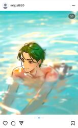  1boy alien_stage black_hair commentary_request dogjetong green_hair highres instagram ivan_(alien_stage) korean_commentary male_focus short_hair social_network solo swimming topless_male very_short_hair water 