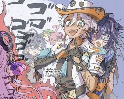  1girl 3boys ajaw_(genshin_impact) animal_ears aqua_eyes arm_tattoo aura behind_another black_hair cacucu citlali_(genshin_impact) coat cowboy_hat dark-skinned_male dark_skin ears_down eyepatch fang fingerless_gloves floating_hair genshin_impact gloom_(expression) gloves green_eyes green_hair green_headband hair_between_eyes hair_ornament hat headband heterochromia hiding hiding_behind_another highres hood hood_up ifa_(genshin_impact) index_finger_raised kinich_(genshin_impact) long_hair looking_at_viewer male_focus multicolored_hair multicolored_hat multiple_boys neck_tattoo nervous_smile nervous_sweating open_clothes open_coat open_mouth ororon_(genshin_impact) partially_shaded_face pink_eyes pink_hair purple_hair qucusaurus_(genshin_impact) scar scar_across_eye scar_on_arm scar_on_face scared shirt short_hair skin_fang smile sweat tattoo tokodenashi two-tone_hair very_long_hair watermark white_hair wide-eyed 