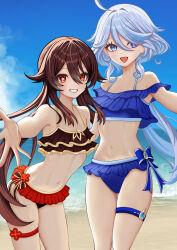  2girls absurdres ahoge alternate_costume bare_shoulders bikini blue_bikini blue_eyes blush brown_bikini brown_hair collarbone flat_chest flower-shaped_pupils frilled_bikini frilled_bikini_bottom frilled_bikini_top frills furina_(genshin_impact) genshin_impact hair_between_eyes highres hu_tao_(genshin_impact) long_hair long_hair_between_eyes mismatched_pupils multiple_girls navel open_mouth parted_lips reaching reaching_towards_viewer red_eyes smile stomach swimsuit symbol-shaped_pupils thigh_strap white_hair yukipla061029 
