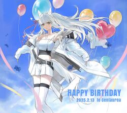  1girl absurdres animal_balloon animal_ears arknights balloon belt black_belt black_tube_top blue_sky brown_eyes chinese_commentary coat collarbone commentary_request crop_top dated english_commentary happy_birthday hatsumi0515 heart_balloon highres horse_ears horse_girl horse_tail long_hair looking_at_viewer mixed-language_commentary off_shoulder partial_commentary platinum_(arknights) ponytail shorts sky solo strapless tail thigh-highs tube_top very_long_hair white_coat white_hair white_shorts white_thighhighs white_tube_top zettai_ryouiki 