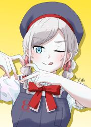  1girl apron beret black_apron black_hat blue_eyes bow bowtie ceras_yanagida_lilienfeld collared_shirt commentary_request four-finger_heart_hands frilled_shirt_collar frilled_sleeves frills grey_hair hachiban_ramen hachiban_ramen_uniform hat heart heart_hands highres kurohitsuji_(akiyamasheep) link!_like!_love_live! love_live! medium_hair multi-tied_hair official_alternate_costume puffy_short_sleeves puffy_sleeves red_bow red_bowtie shirt short_sleeves solo twintails virtual_youtuber white_shirt 