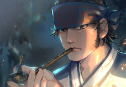  1boy adam&#039;s_apple ainu black_eyes blue_headband commentary golden_kamuy headband holding holding_smoking_pipe kirawus_(golden_kamuy) kiseru long_sideburns looking_at_viewer male_focus night outdoors pipe_in_mouth sideburns smoke smoking smoking_pipe star_(sky) symbol-only_commentary wani_same 