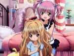  2girls bed blush brown_eyes brown_hair flower hair_brushing hair_ornament hinamori_amu long_hair mashiro_rima multiple_girls official_art open_mouth pajamas room scan shugo_chara! smile twintails two_side_up wallpaper wavy_hair 