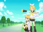  bow bows happy hitchhiking kagamine_len kagamine_rin midriff notebook ozone road siblings sign sky smile squat squatting tree trees twins vocaloid 