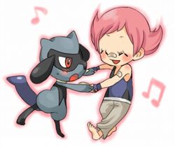  1girl artist_request bandage bandaid barefoot bodysuit chibi closed_eyes dancing feet flat_chest gloves gym_leader lowres midriff musical_note musical_notes pink_eyes pink_hair pokemon pokemon_(creature) pokemon_(game) pokemon_dppt riolu short_hair smile sumomo_(pokemon) 