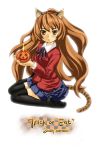  aisaka_taiga animal_ears brown_eyes brown_hair feet highres kneeling long_hair pumpkin pumpkins school_uniform skirt sunway tail thigh-highs thighhighs toradora! zettai_ryouiki 