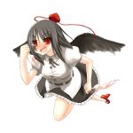  black_hair black_wings bra clothing_thief geta hat hirasato lingerie panties red_eyes running saliva shameimaru_aya short_hair skirt theft touhou wings 