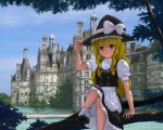  bloomers castle hand_on_hat hat hat_ribbon in_tree isozaki_bebebe kirisame_marisa long_hair looking_at_viewer puffy_sleeves ribbon sitting sitting_in_tree touhou tree witch_hat yellow_eyes 