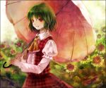  dress_shirt flower fukahire_sanba green_hair kazami_yuuka parasol plaid plaid_skirt plaid_vest puffy_sleeves red_eyes shirt short_hair skirt skirt_set solo sunflower touhou umbrella 