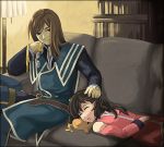  1girl anise_tatlin black_hair brown_hair hand_on_head jade_curtiss long_hair lowres naughty_face red_eyes sleeping smile tales_of_(series) tales_of_the_abyss 