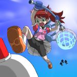  bag bike_shorts black_bike_shorts butterfly_net flying from_below gloves green_eyes hair_ribbon hand_net heart jacket jumping monkey open_mouth pleated_skirt red_hair redhead ribbon saru_getchu sayaka sayaka_(ape_escape) shoes short_twintails shorts_under_skirt skirt sky sneakers socks spread_legs sun turtleneck twintails 