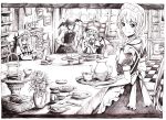  bad_id book braid brown cup highres izayoi_sakuya koakuma monochrome nobita patchouli_knowledge remilia_scarlet short_hair table teacup tiered_tray touhou vampire wings 