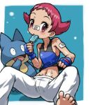  bandage bandaid barefoot bodysuit eye_contact feet flat_chest food gloves gym_leader hun ice_cream jpeg_artifacts lowres midriff munchlax nintendo pink_eyes pink_hair pokemon pokemon_(game) pokemon_dppt short_hair small_waist soles spread_legs sumomo_(pokemon) sweat toe_spread toes 