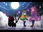  cat collar etogami_kazuya eyes full_moon garter_belt garter_straps green_eyes hairband hat hat_ribbon highres kaenbyou_rin kaenbyou_rin_(cat) komeiji_koishi komeiji_satori landscape letterboxed moon moonlight multiple_tails night purple_eyes purple_hair red_eyes ribbon scarf silver_hair skirt snow tail tail_ribbon thighhighs touhou violet_eyes wallpaper winter 