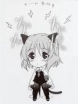  animal_ears black_legwear blush cat_ears chibi highres hirschgeweih_antennas kyogoku_shin kyougoku_shin monochrome necktie pantyhose sanya_v_litvyak short_hair skirt strike_witches striker_unit striker_units tail uniform 