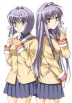  anzu_(onelelee) anzu_(pixiv475762) back-to-back back_to_back clannad fujibayashi_kyou fujibayashi_ryou multiple_girls purple_eyes purple_hair school_uniform siblings sisters twins v violet_eyes 