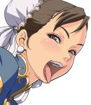  brown_hair bun_cover china_dress chinese_clothes chun-li close-up double_bun earrings eyeshadow face grey_eyes jewelry kakugari_kyoudai lipstick naughty_face nikuringo open_mouth short_hair solo street_fighter tongue 