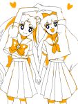  aino_minako azuma_yukihiko bishoujo_senshi_sailor_moon blue_eyes bow double_bun hair_bow monochrome multiple_girls orange_(color) school_uniform serafuku spot_color tsukino_usagi twintails 