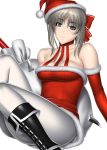  1girl aqua_eyes bare_shoulders blush boots breasts cassandra_alexandra choker christmas cleavage closed_mouth elbow_gloves eyebrows_visible_through_hair feet_out_of_frame female gloves hat kansuke pantyhose santa_hat simple_background sitting smile solo soul_calibur soulcalibur sword tights weapon white_background white_legwear white_pantyhose 