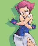  bandage bandaid barefoot bodysuit feet flat_chest gloves gym_leader oekaki pink_eyes pink_hair pokemon pokemon_(game) pokemon_dppt short_hair solo sumomo_(pokemon) 