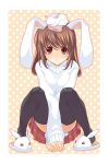  brown_hair bunny bunny_ears bunny_slippers heart long_hair original rabbit rabbit_ears red_eyes slippers squat squatting takei_ooki thigh-highs thighhighs 
