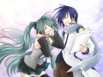  hands_on_headphones happy hatsune_miku headphones headset kaito long_hair necktie scarf skirt thigh-highs thighhighs twintails very_long_hair vocaloid 
