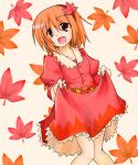  aki_shizuha brown_eyes hemogurobin_a1c leaf open_mouth orange_hair short_hair skirt skirt_basket skirt_lift smile solo touhou 