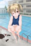  barefoot blonde_hair brown_eyes brown_hair clothes clothes_on_floor flat_chest foreshortening hands kumatani loli one-piece_swimsuit original pool school_swimsuit school_uniform stretch swimsuit swimsuit_under_clothes twintails wink 